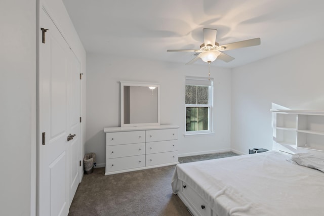 bedroom featuring ceiling fan and dark carpet