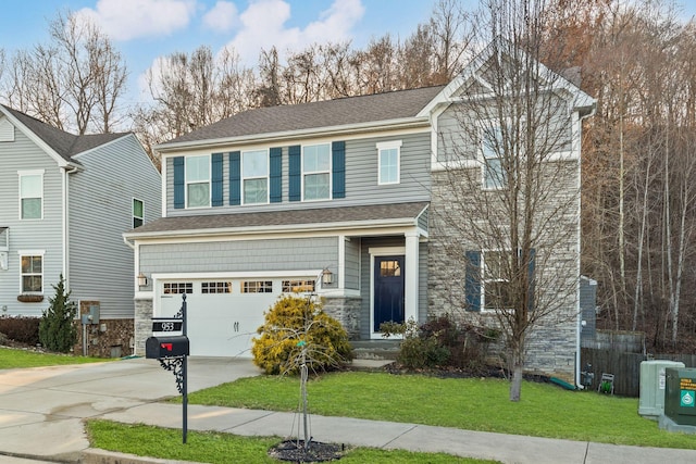 craftsman inspired home with a garage and a front lawn