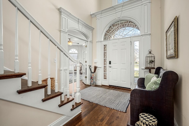 entrance foyer with a high ceiling, ceiling fan, a healthy amount of sunlight, and dark hardwood / wood-style flooring