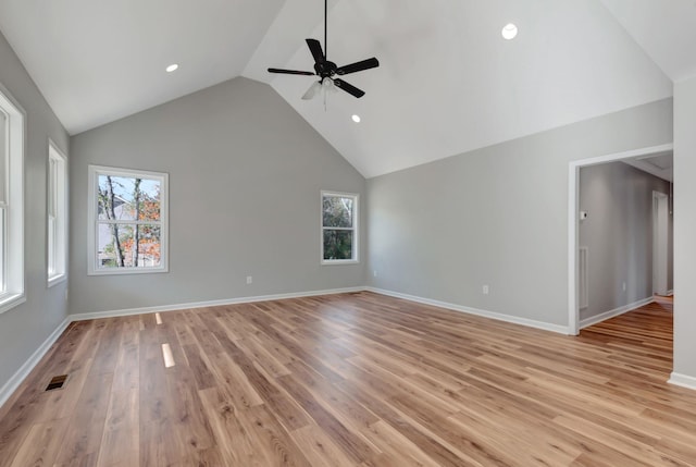 unfurnished living room with high vaulted ceiling, light hardwood / wood-style floors, and ceiling fan