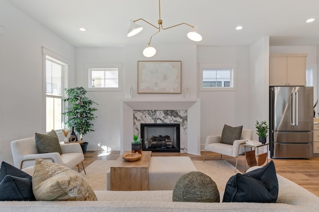 living room with light wood-type flooring and a high end fireplace