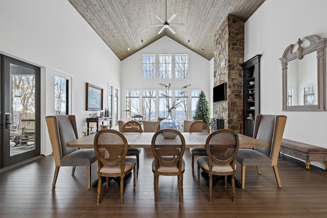 dining room with wood ceiling, a fireplace, dark hardwood / wood-style floors, and high vaulted ceiling