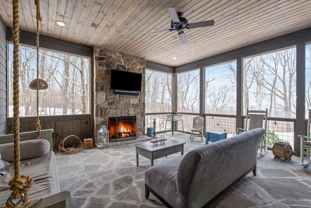 sunroom featuring a wealth of natural light and wooden ceiling