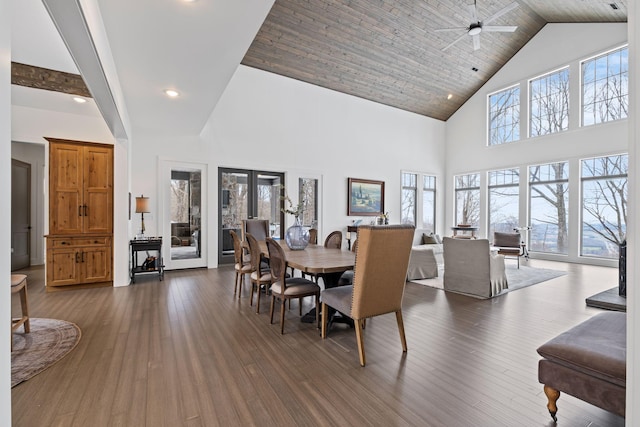 dining room with dark hardwood / wood-style floors, high vaulted ceiling, french doors, and ceiling fan