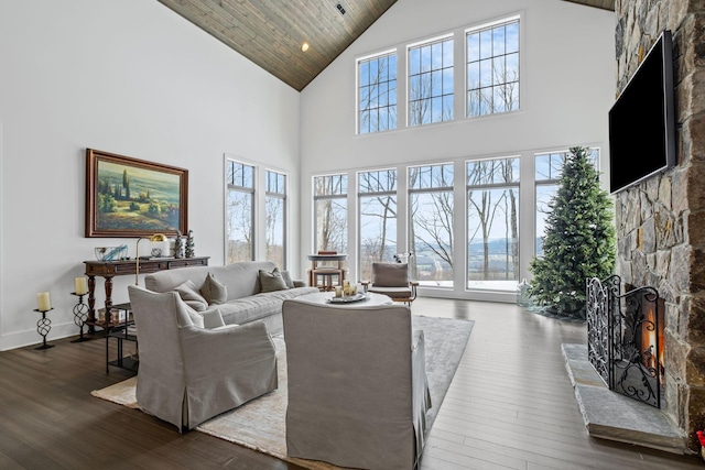 living room featuring dark hardwood / wood-style flooring, high vaulted ceiling, wood ceiling, and a fireplace