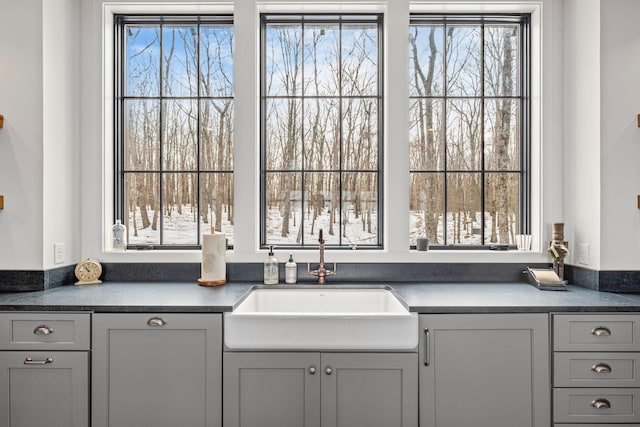 kitchen with sink, gray cabinets, and plenty of natural light