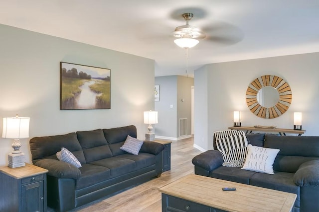 living room featuring ceiling fan and light hardwood / wood-style floors