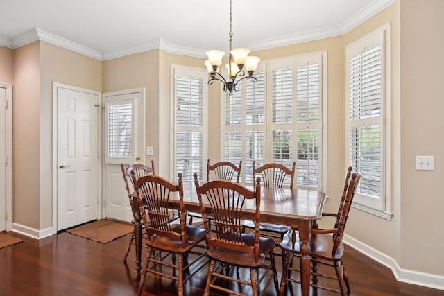 dining area with ornamental molding, plenty of natural light, and dark wood-type flooring