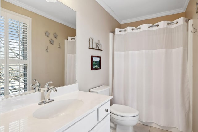 bathroom with curtained shower, ornamental molding, vanity, toilet, and tile patterned floors