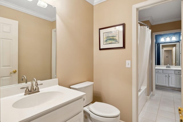 full bathroom with vanity, ornamental molding, tile patterned floors, and shower / bath combination with curtain