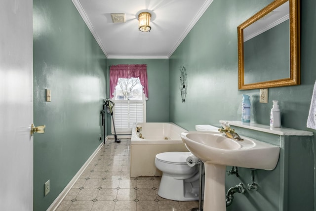 bathroom featuring a tub to relax in, ornamental molding, and toilet