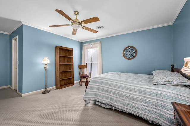 bedroom with crown molding, carpet floors, and ceiling fan