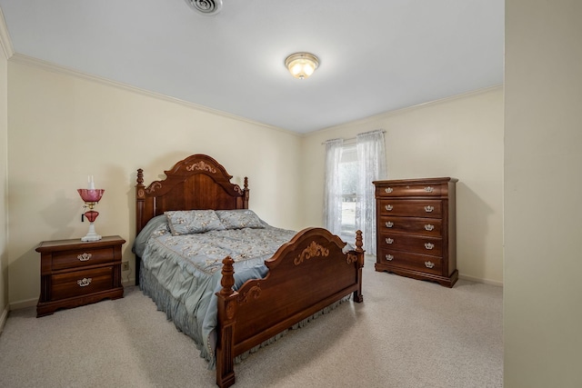 bedroom with light colored carpet and ornamental molding