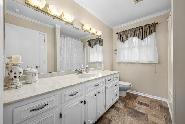 bathroom with vanity, a shower with curtain, ornamental molding, and toilet