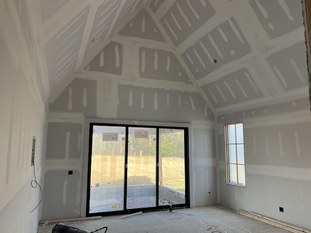 unfurnished room with a healthy amount of sunlight and high vaulted ceiling