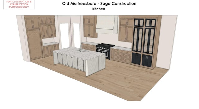 kitchen with a kitchen island, sink, double oven range, light wood-type flooring, and wall chimney exhaust hood