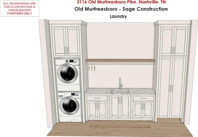 washroom featuring stacked washer and dryer, light wood finished floors, a sink, and cabinet space