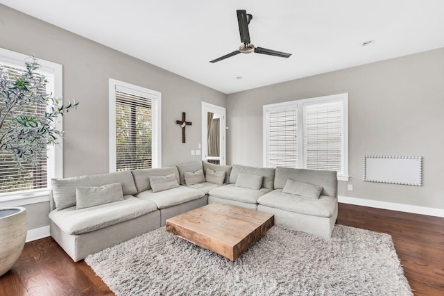 living room featuring ceiling fan, plenty of natural light, and dark hardwood / wood-style floors