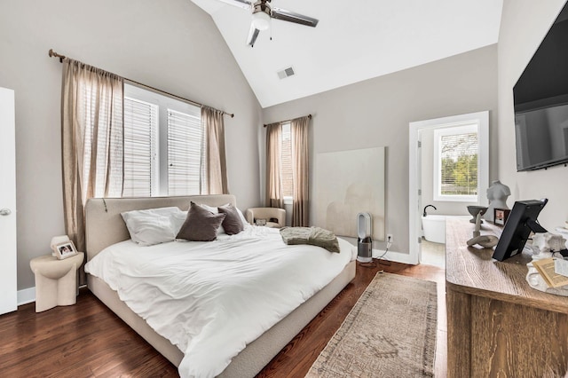 bedroom with ceiling fan, dark hardwood / wood-style floors, and high vaulted ceiling