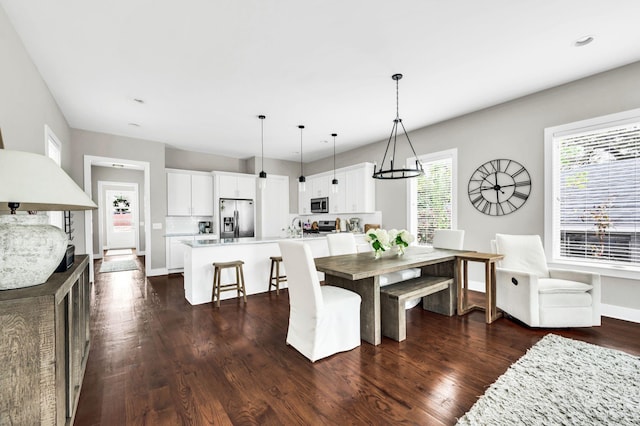 dining space featuring dark hardwood / wood-style flooring and sink