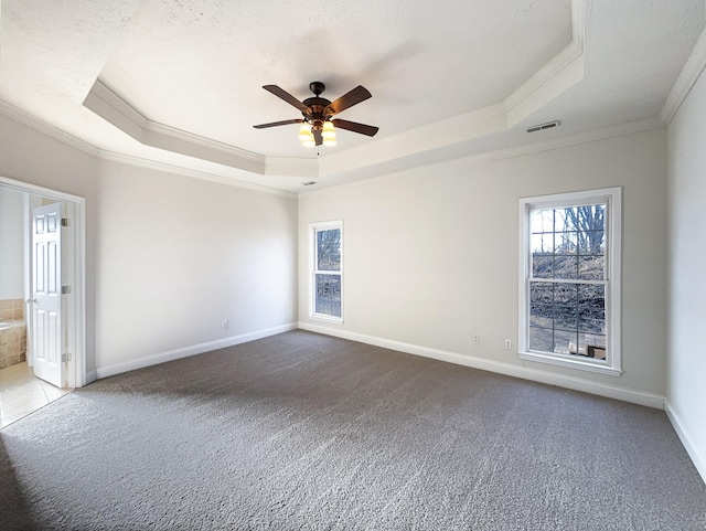 spare room featuring crown molding, carpet flooring, ceiling fan, and a tray ceiling