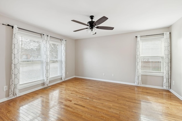 unfurnished room featuring light hardwood / wood-style floors and ceiling fan