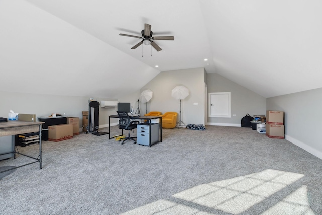 carpeted home office with vaulted ceiling and ceiling fan