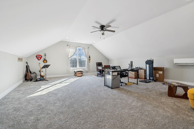 home office featuring vaulted ceiling, carpet floors, a wall mounted AC, and ceiling fan