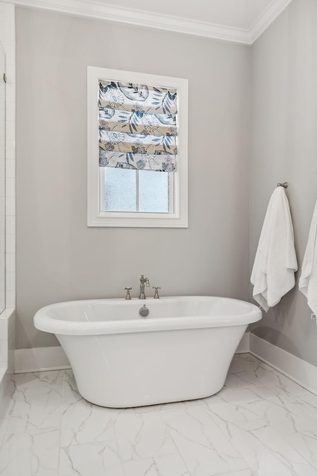 bathroom featuring crown molding and a bathtub