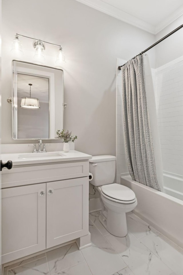 full bathroom featuring vanity, ornamental molding, toilet, and shower / bath combo with shower curtain