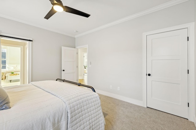 bedroom with crown molding, light colored carpet, and ceiling fan