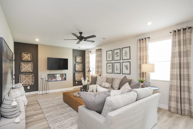 living room with ceiling fan and light wood-type flooring