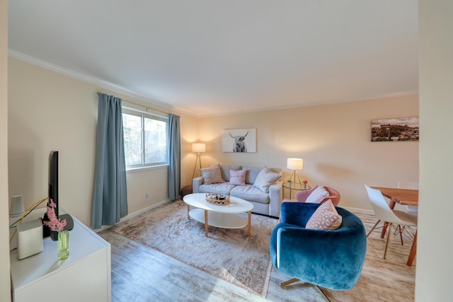 living room with ornamental molding and light hardwood / wood-style flooring