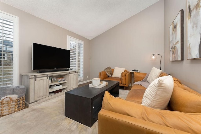 living room featuring vaulted ceiling and a textured ceiling