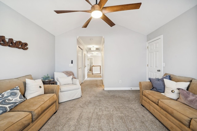 carpeted living room with lofted ceiling and ceiling fan