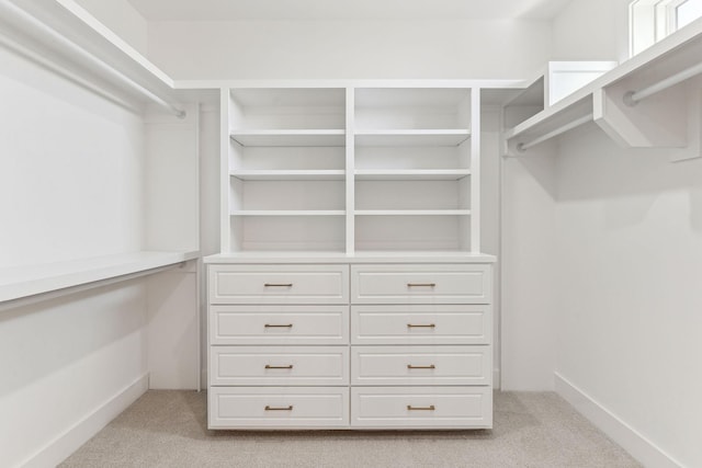 spacious closet featuring light carpet