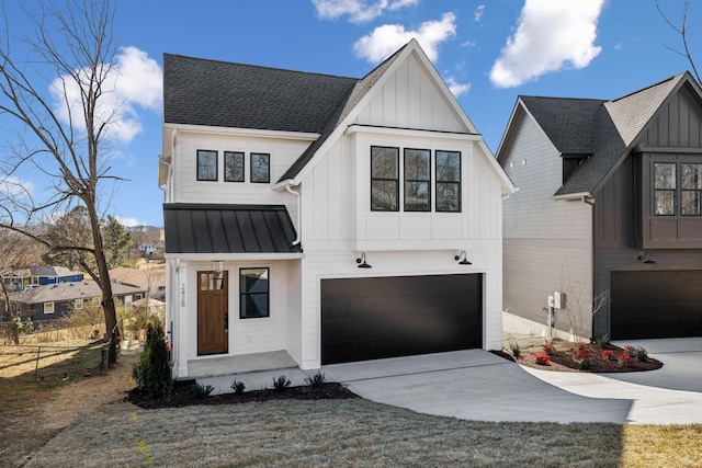 modern inspired farmhouse featuring a garage