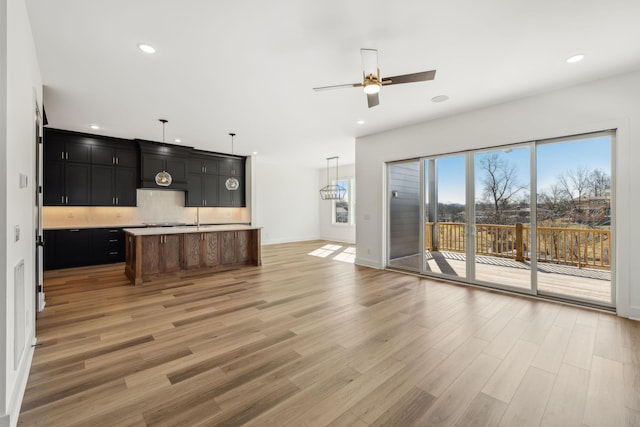 living room with ceiling fan and wood-type flooring