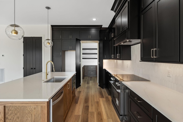 kitchen featuring sink, light stone counters, hanging light fixtures, an island with sink, and stainless steel appliances