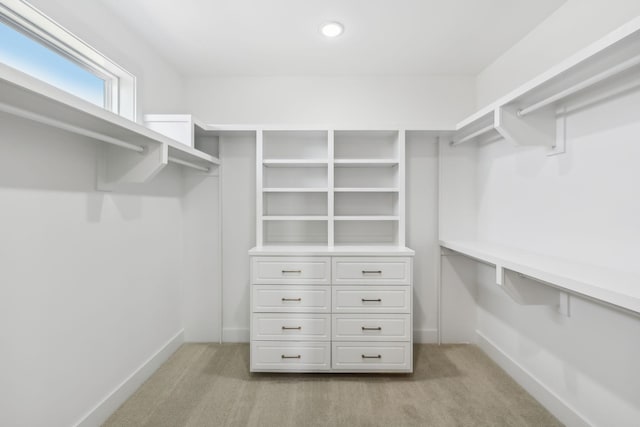 walk in closet featuring light colored carpet