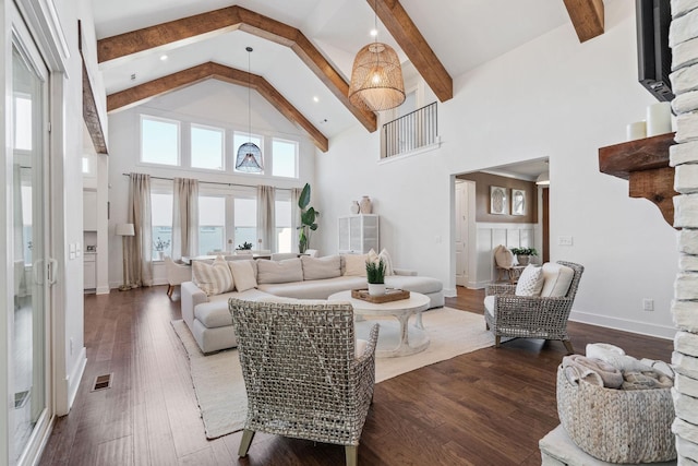 living room with wood-type flooring, high vaulted ceiling, beam ceiling, and french doors