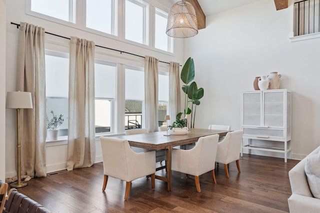 dining room featuring dark hardwood / wood-style flooring and a towering ceiling