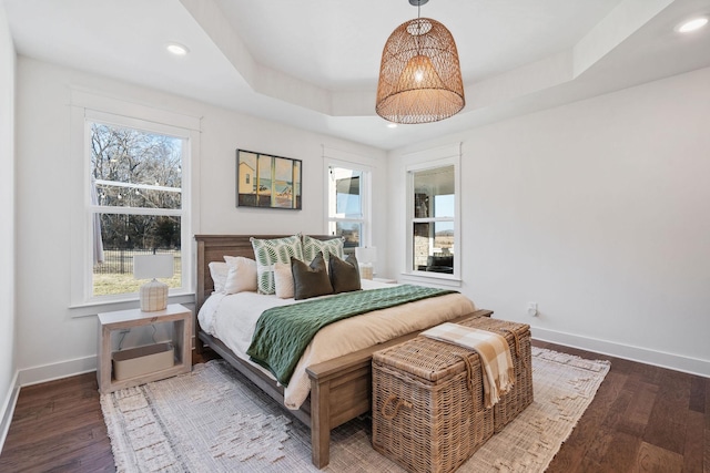 bedroom featuring a tray ceiling and hardwood / wood-style flooring