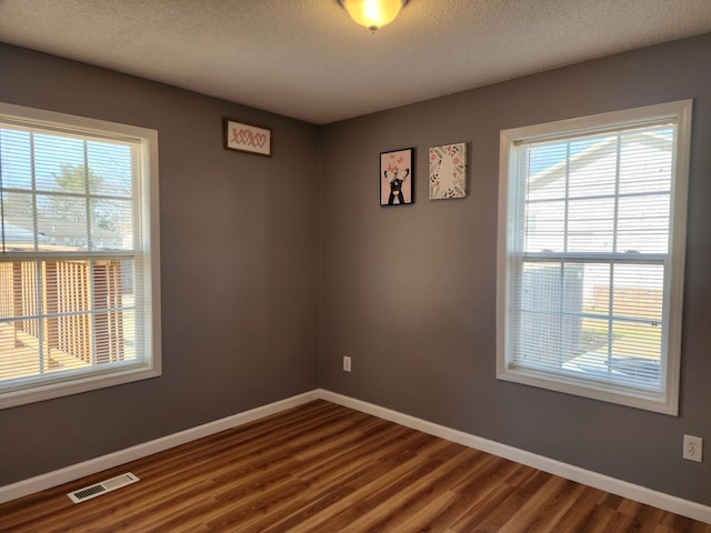 unfurnished room with wood-type flooring, plenty of natural light, and a textured ceiling