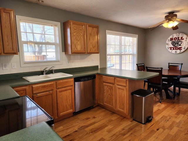 kitchen featuring light hardwood / wood-style floors, sink, stainless steel dishwasher, and kitchen peninsula