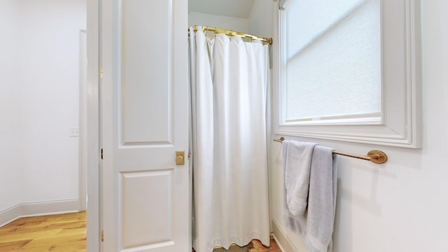 bathroom with hardwood / wood-style floors