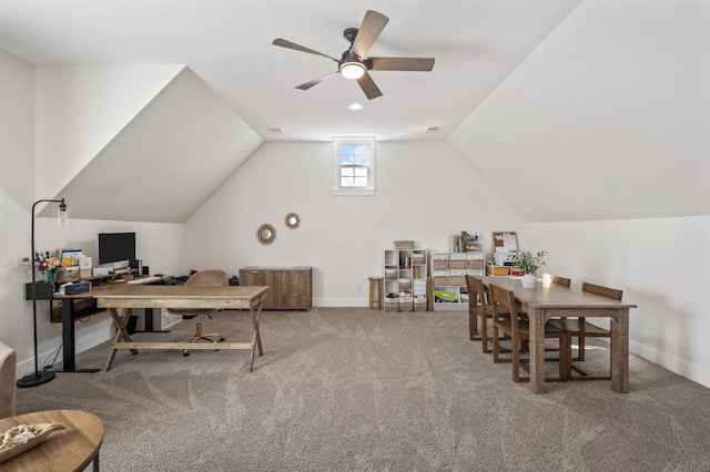 home office with lofted ceiling, carpet flooring, and ceiling fan