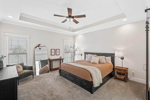 bedroom with multiple windows, light colored carpet, ceiling fan, and a tray ceiling