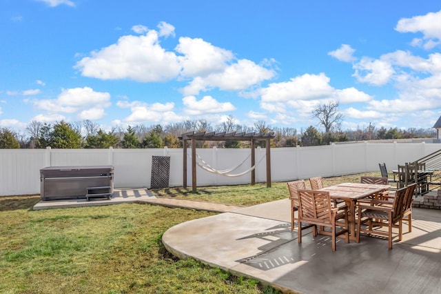 view of patio / terrace featuring a hot tub and a pergola