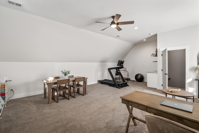 interior space featuring lofted ceiling and ceiling fan